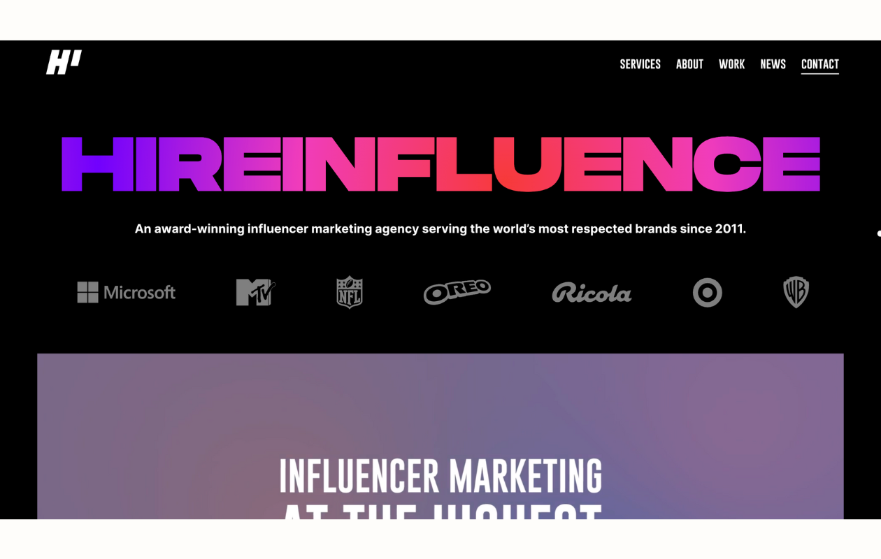A screenshot with main page of hireinfluence as an influencer marketing tool