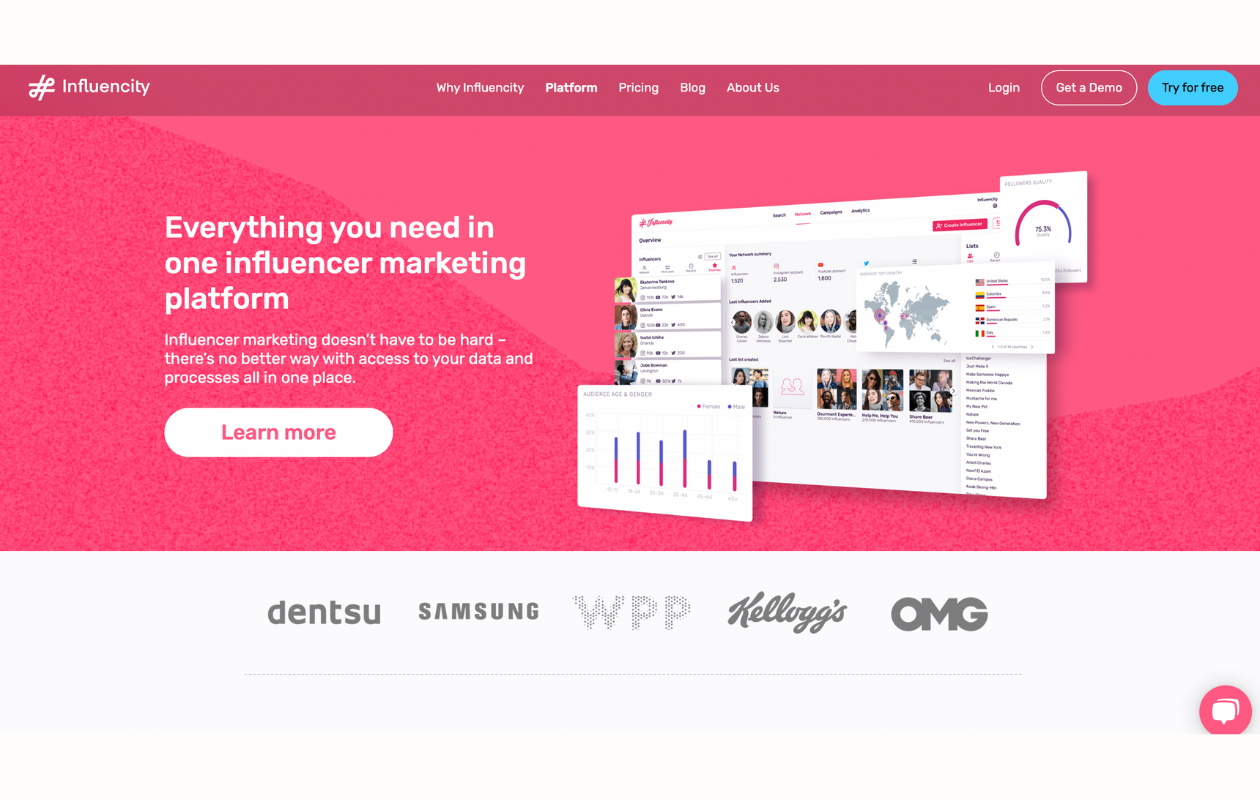A screenshot with main page of influencity as an influencer marketing tool