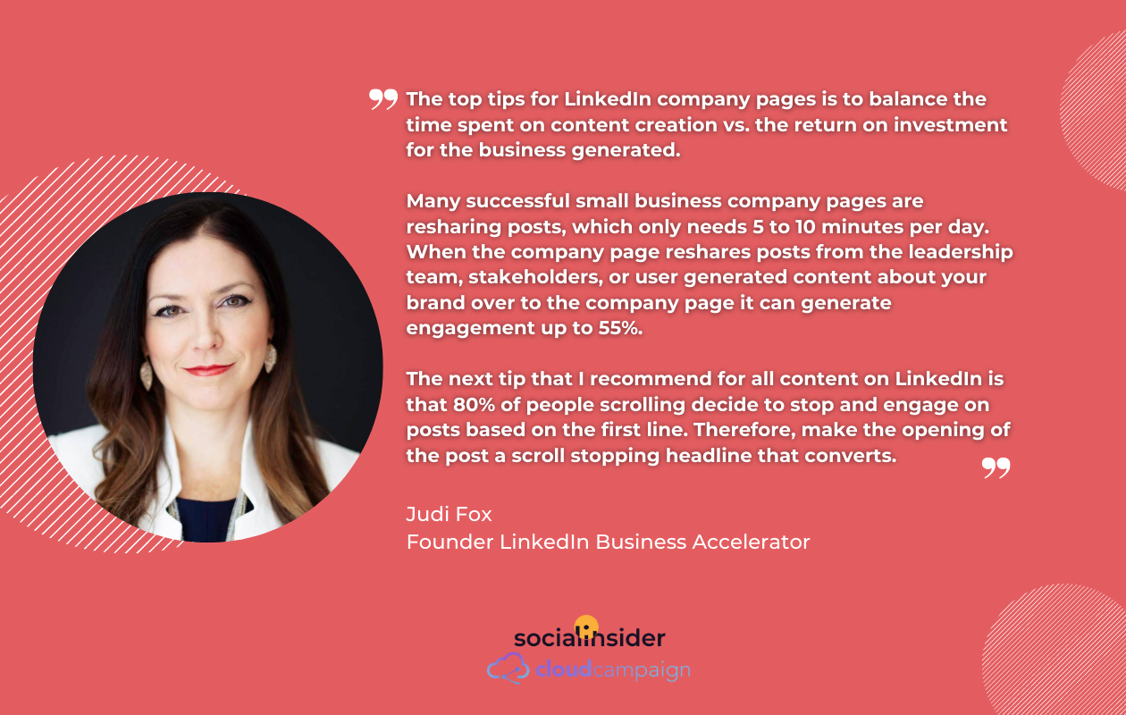 This is a picture with a quote by judi fox about linkedin algorithm