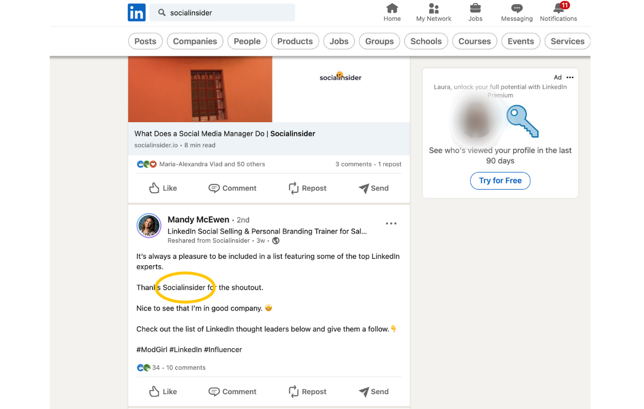A screenshot of socialinsider linkedin page that refers to social listening