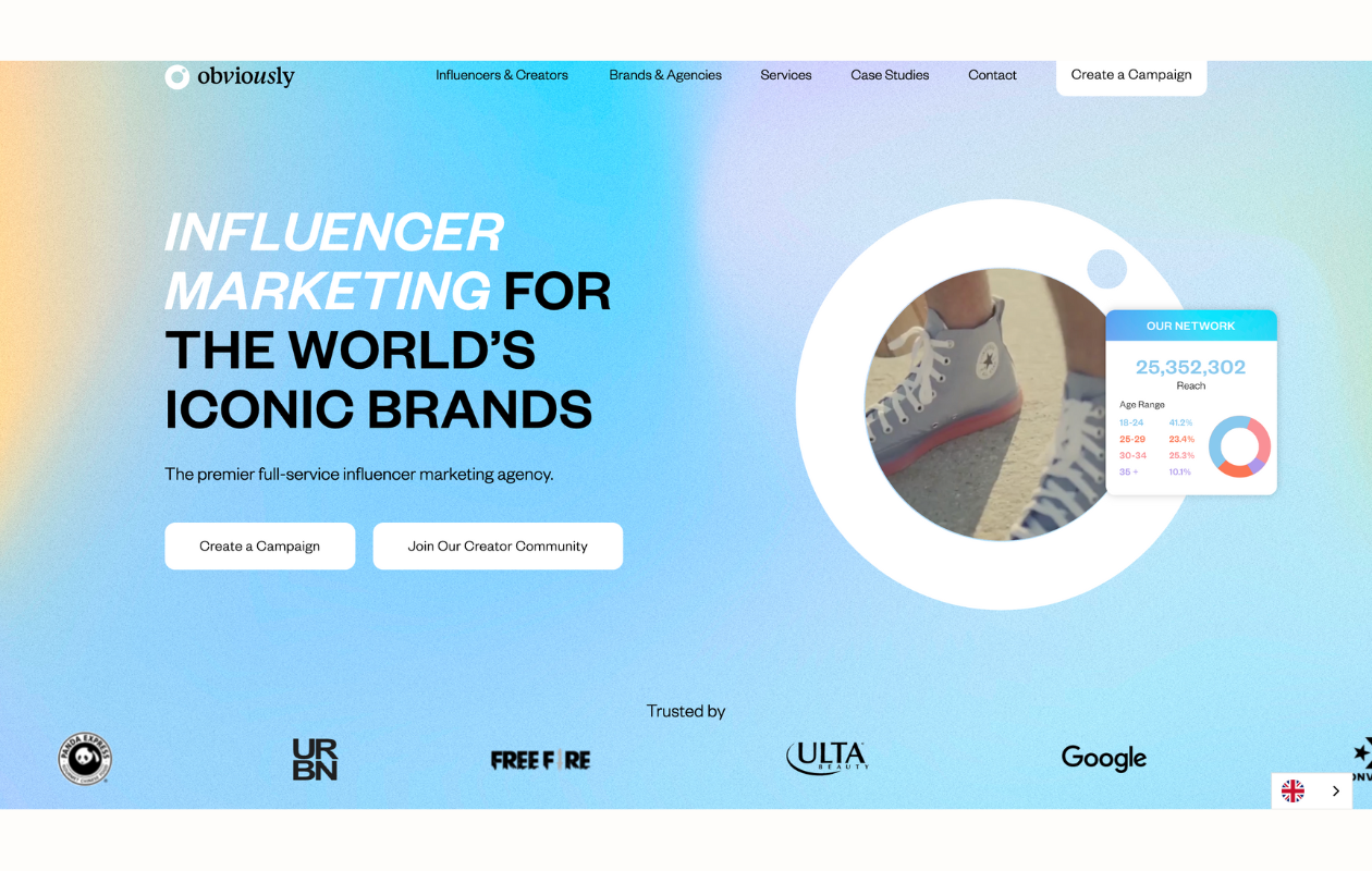 A screenshot with main page of obviously as an influencer marketing tool