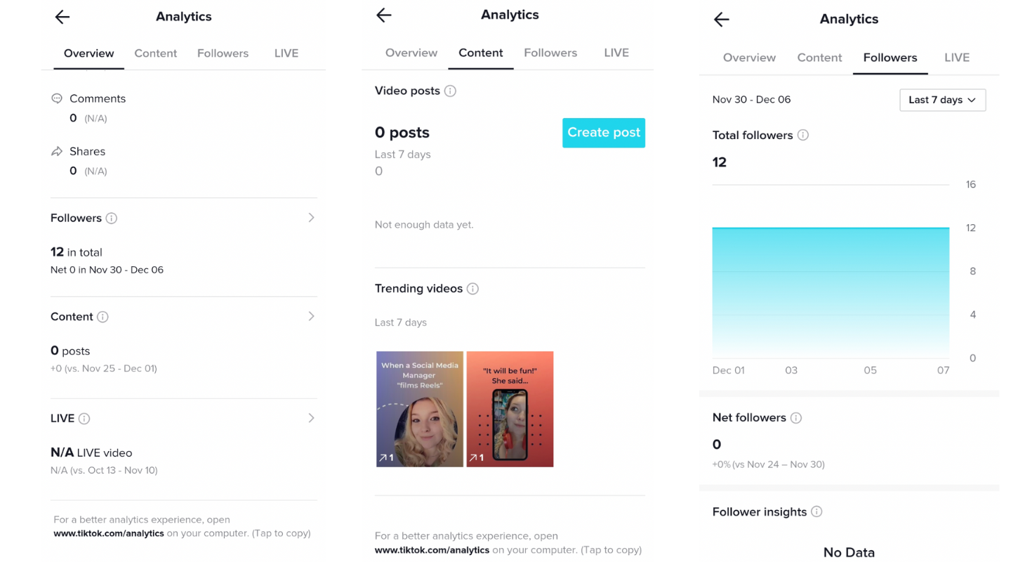 A photo with 3 screenshots of how tiktok analytics looks like for overview, content and followers
