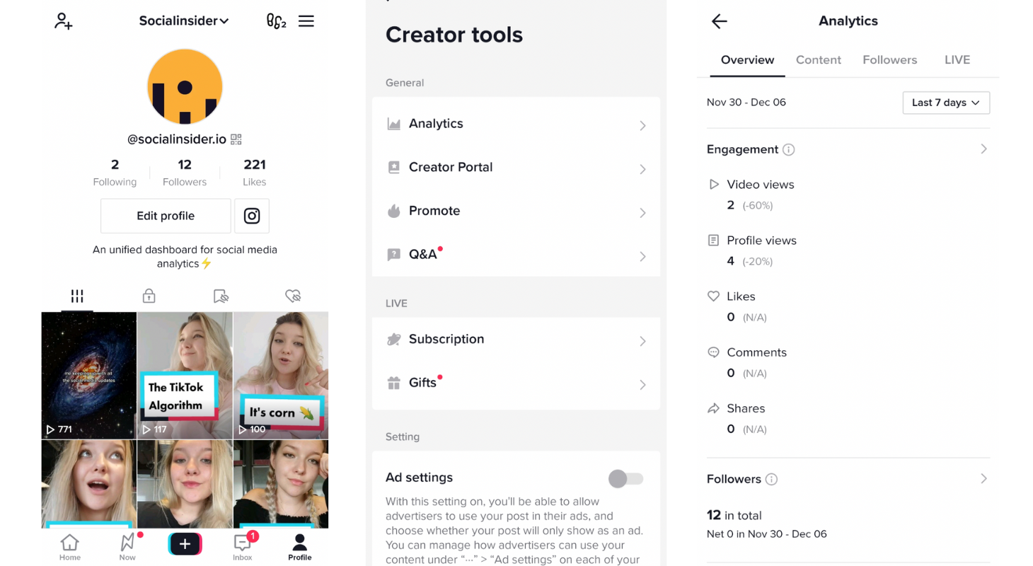 A photo including several screenshots with how to access tiktok analytics from the native app