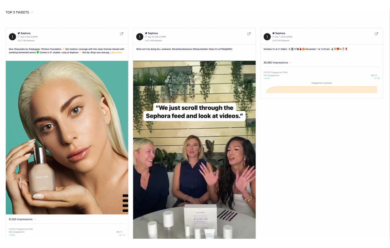 twitter sephora on socialinsider with top 3 tweets for twitter competitive analysis