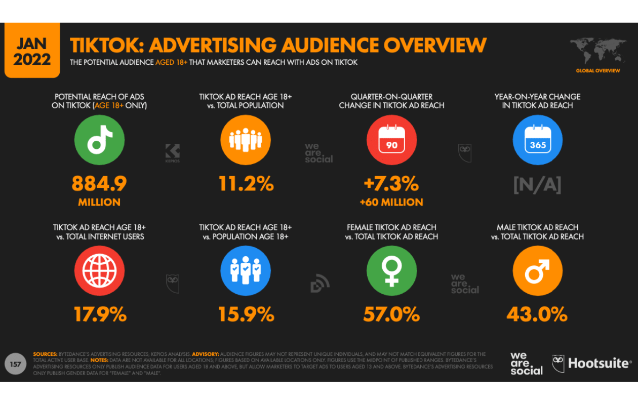 A screenshot with tiktok advertising audience overview from hootsuite study