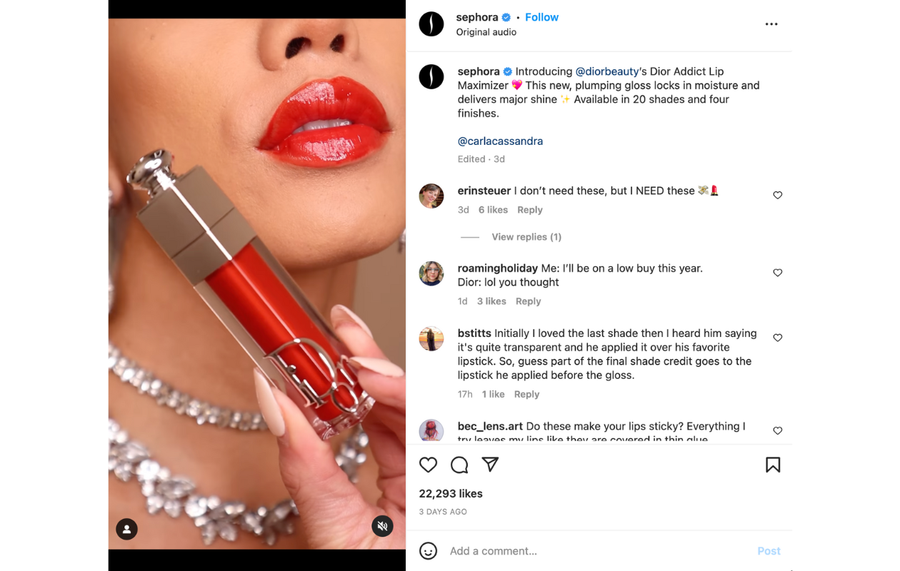 A screenshot of a video from Sephora with a user-generated content