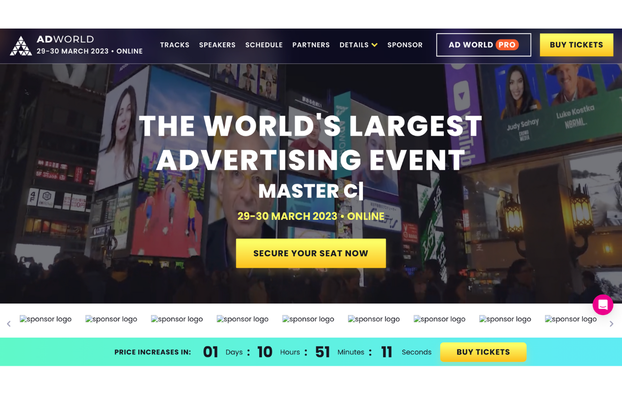 A screenshot of the ad world conference's main page