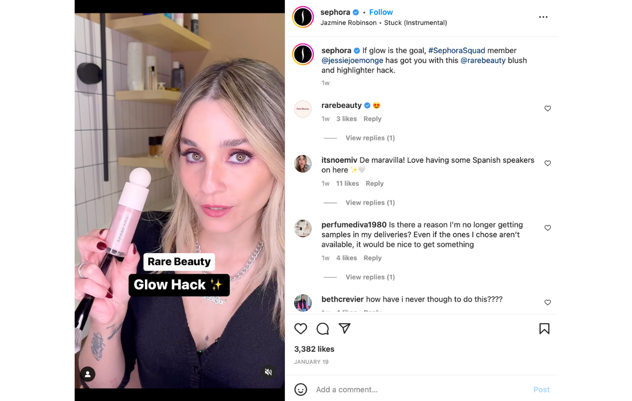 A screenshot from sephora's instagram with a reel about a glow hack