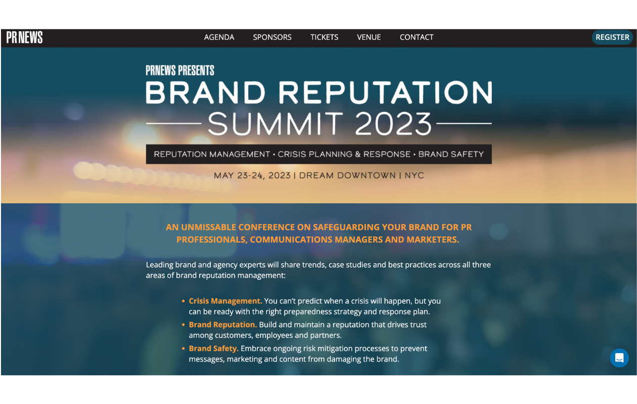 A screenshot of the brand reputation summit's main page