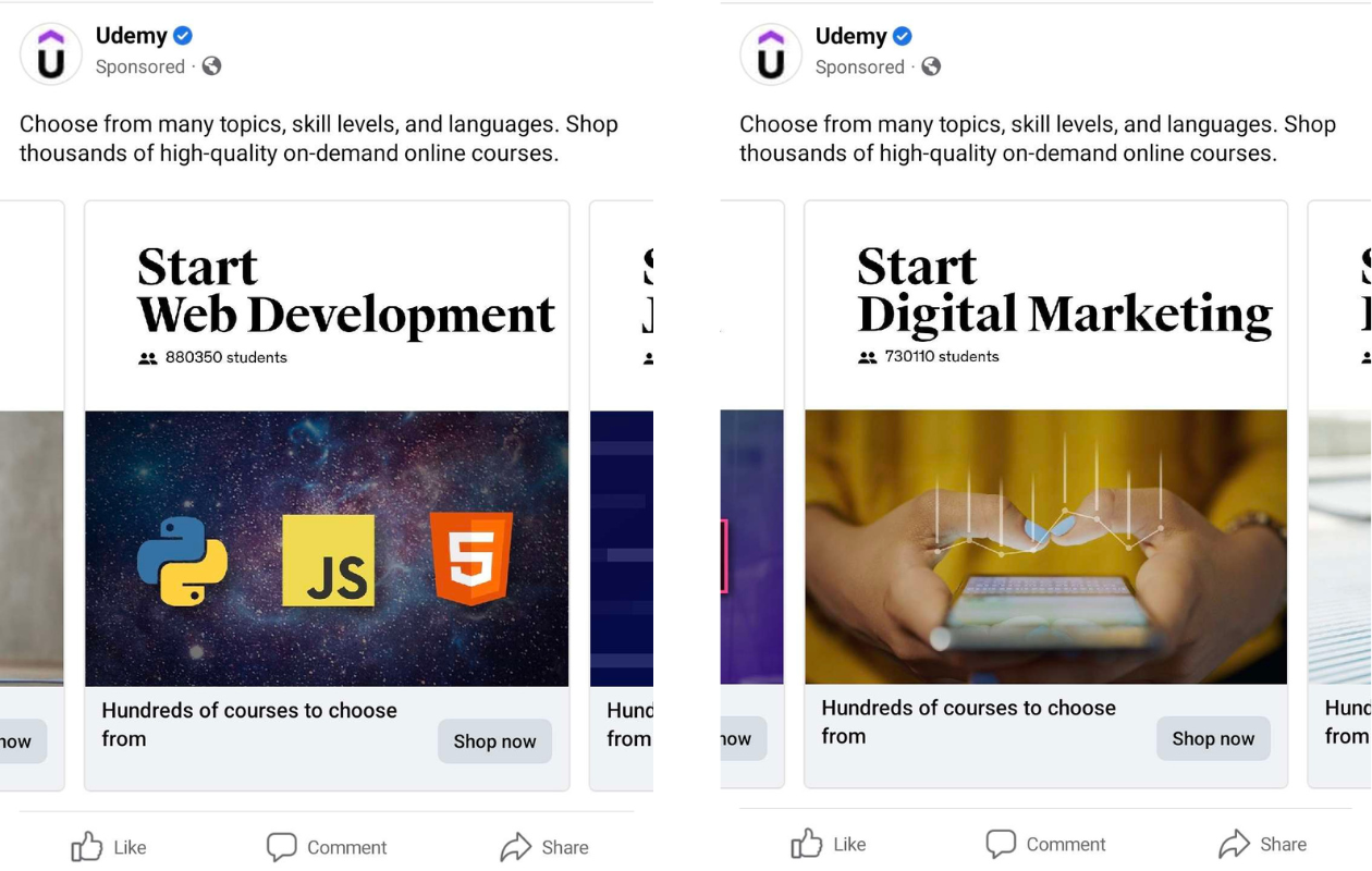 A collage with a carousel ad on Facebook for Udemy