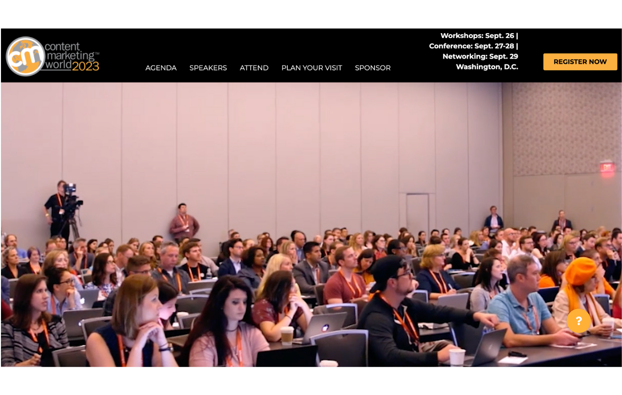 A screenshot of the main page of the content marketing world 2023