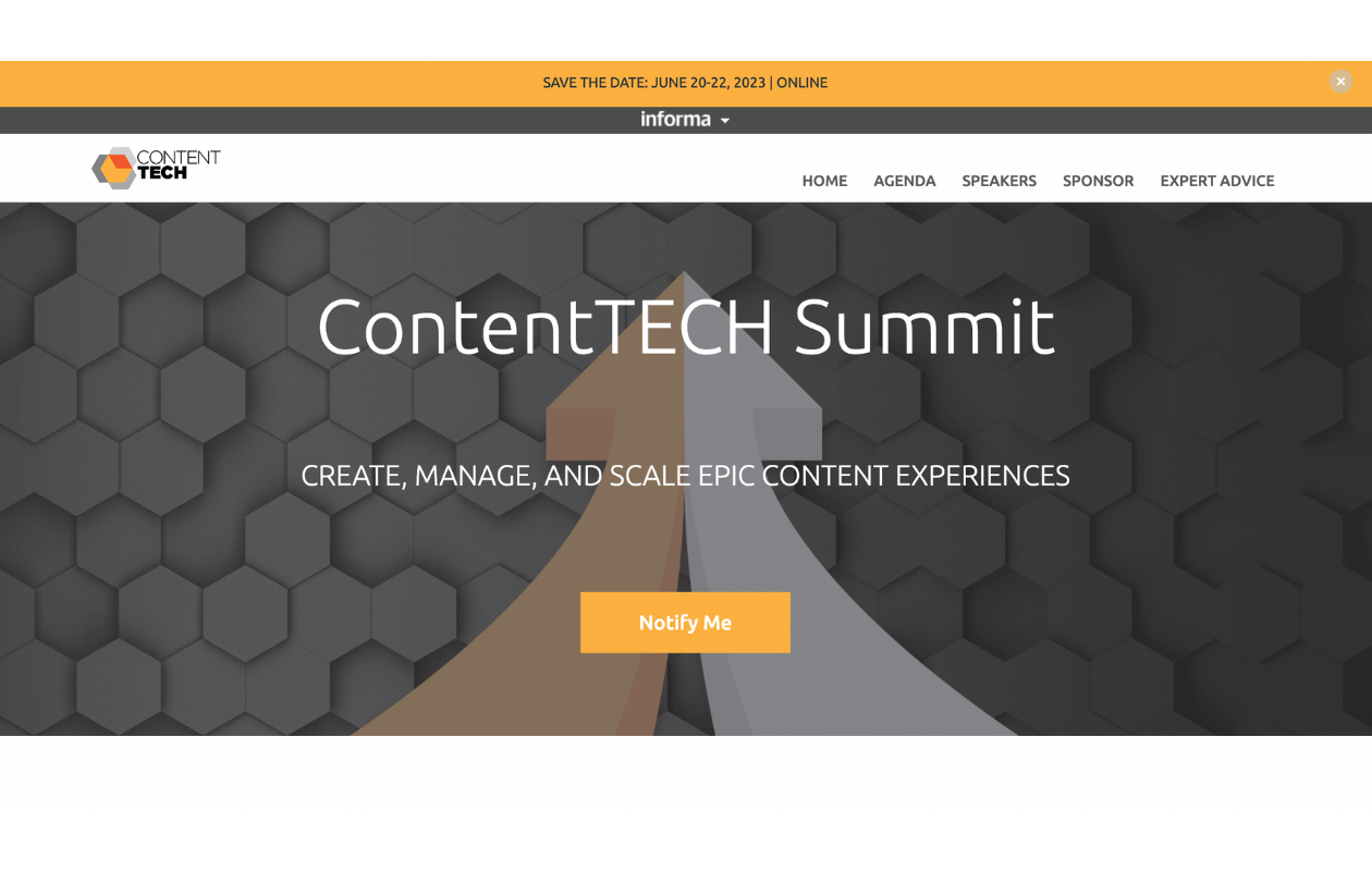A screenshot of the main page of the content tech summit 