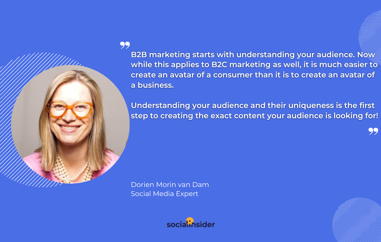 A quote form dorien about b2b vs b2c marketing on a purple background