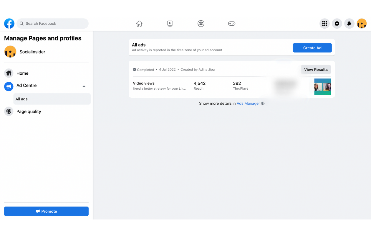 A screenshot of all ads in meta business suite fpr facebook ads