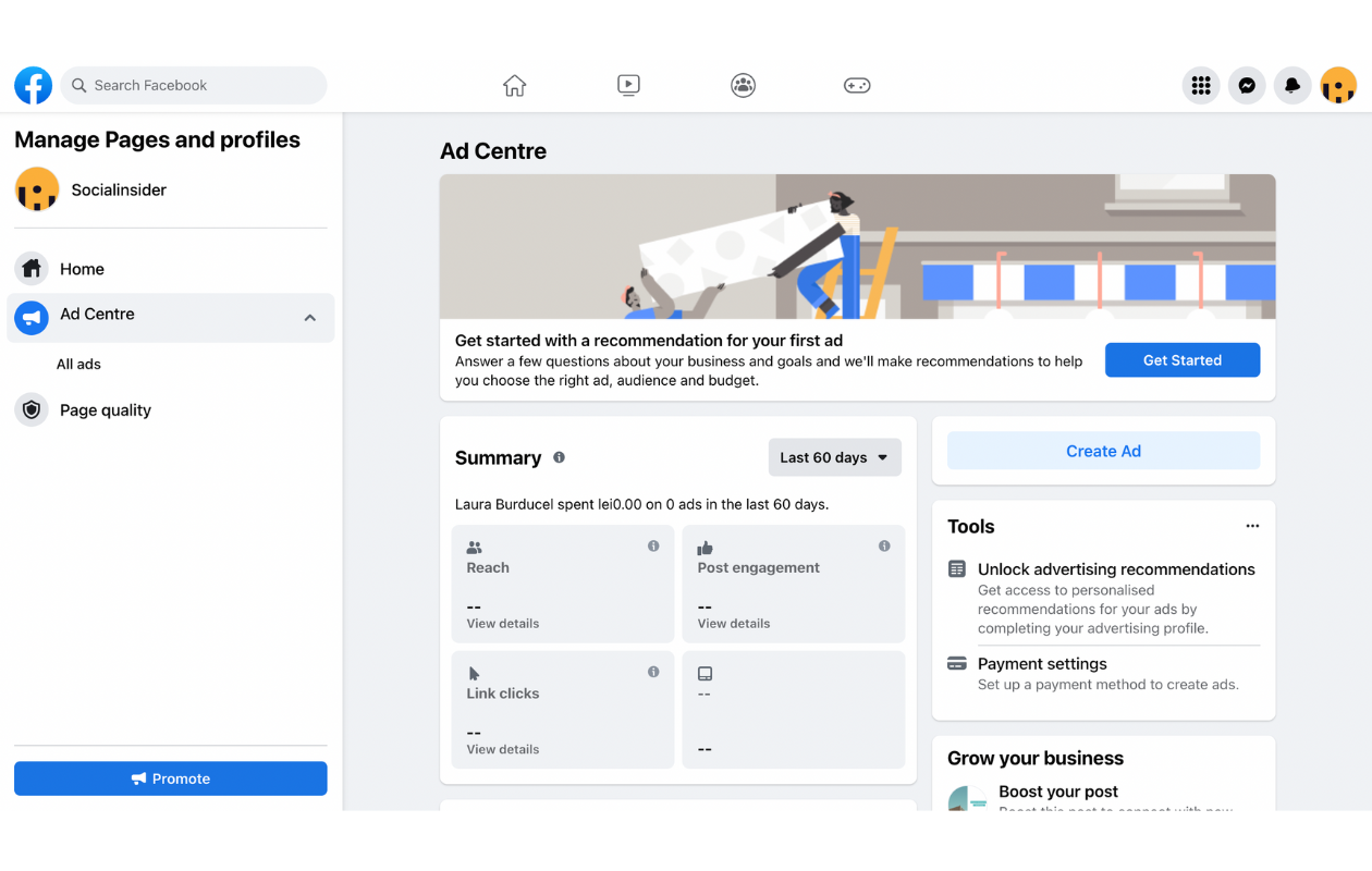 A screenshot of the ad centre in meta busienss for facebook ads