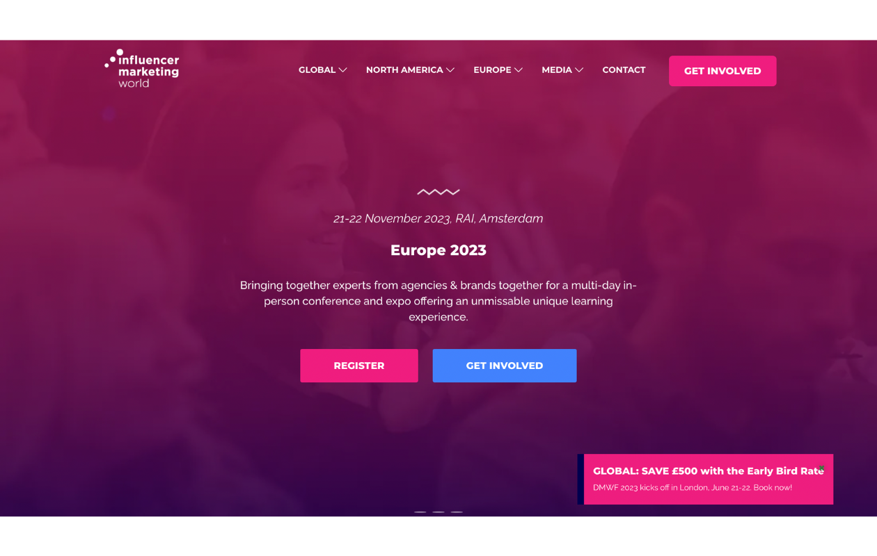 A screenshot of the main page of influencer marketing world