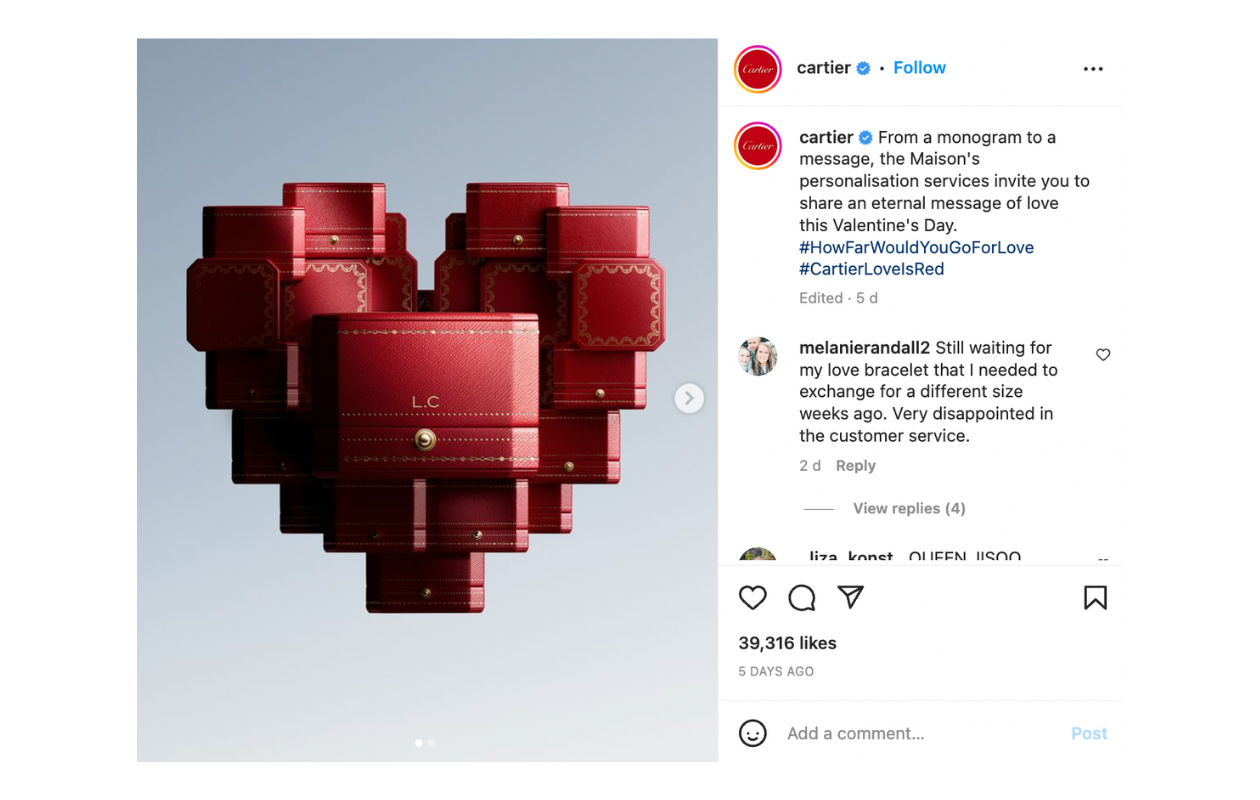 This is an example of a Valentine's Day social media post publiched by Cartier on Instagram.