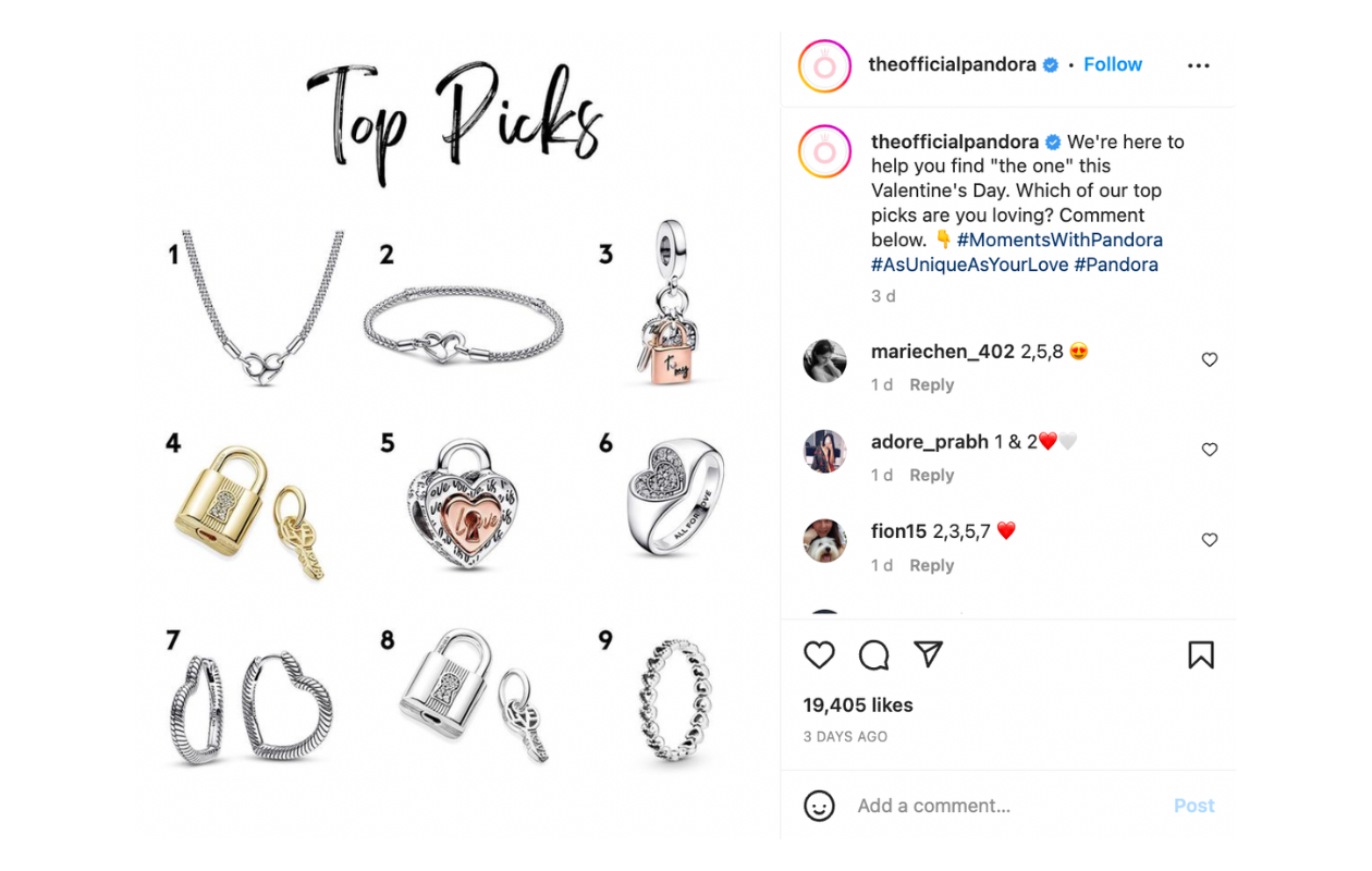 This is an example of a social media post for Valentine's Day published on Instagram by Pandora.