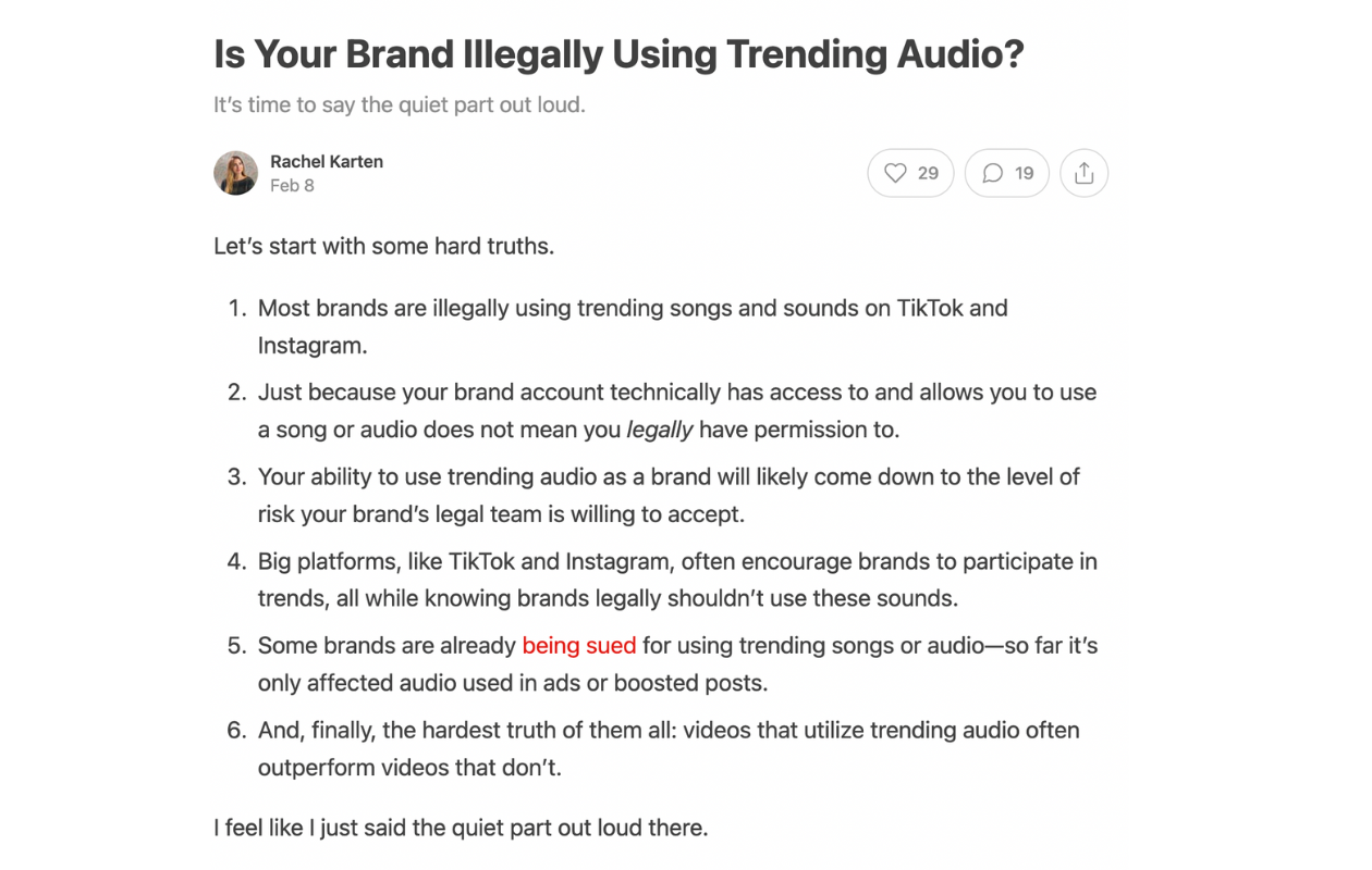 A screenshot from an article about social media content apporval written by rachel karten