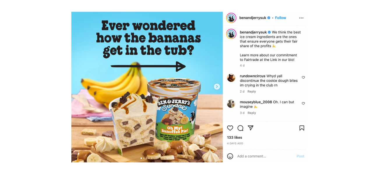 This is an Instagram post from Ben and Jerry's UK social account.