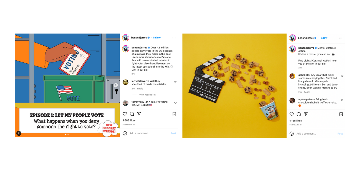 Here are two examples of Ben and Jerry's Instagram post types.