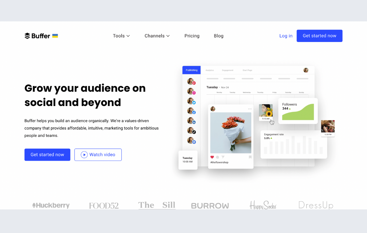 A screenshot from the main page of buffer as a social media agency tool