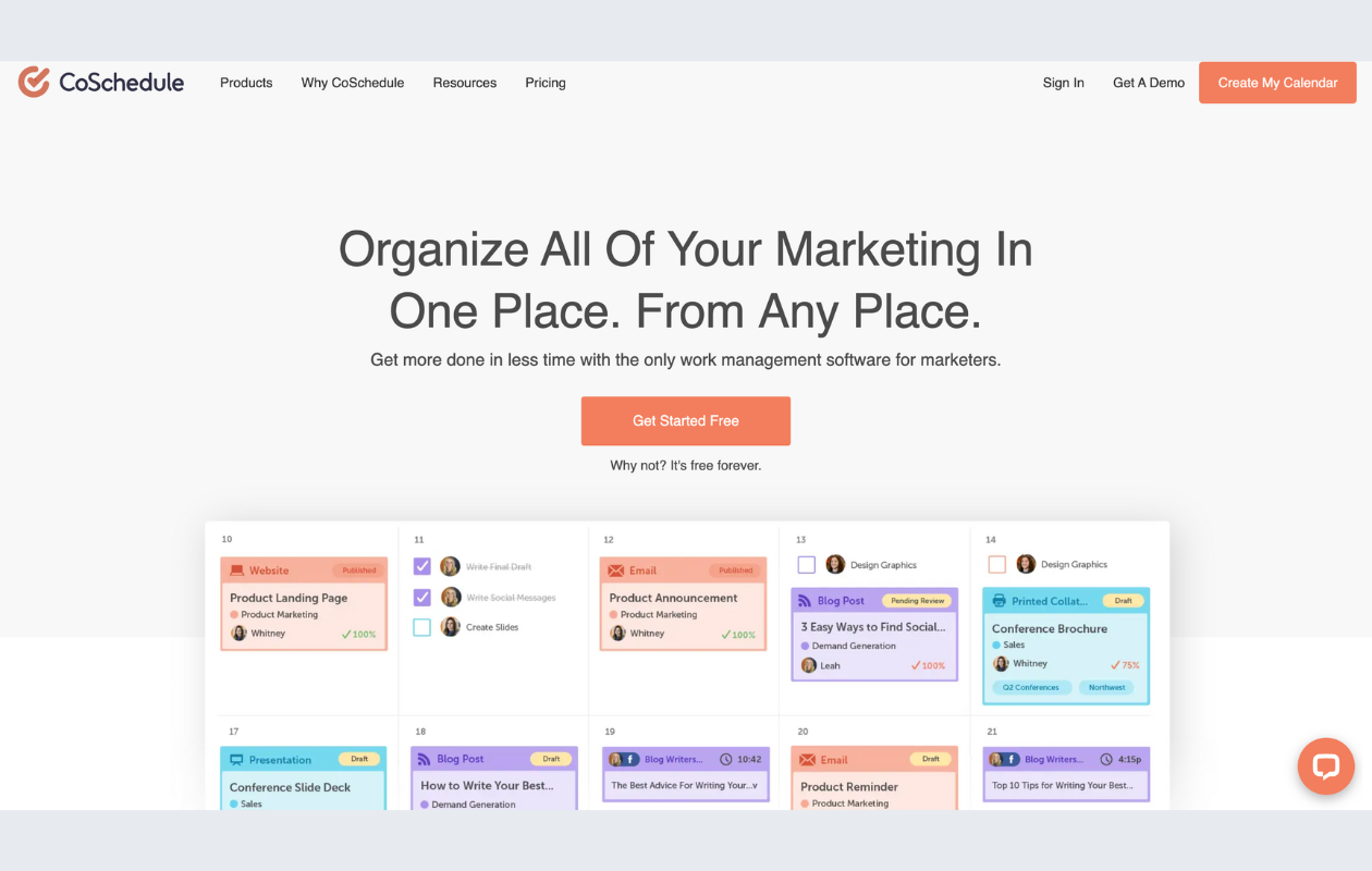 A screenshot from the main page of coschedule as a social media agency tool