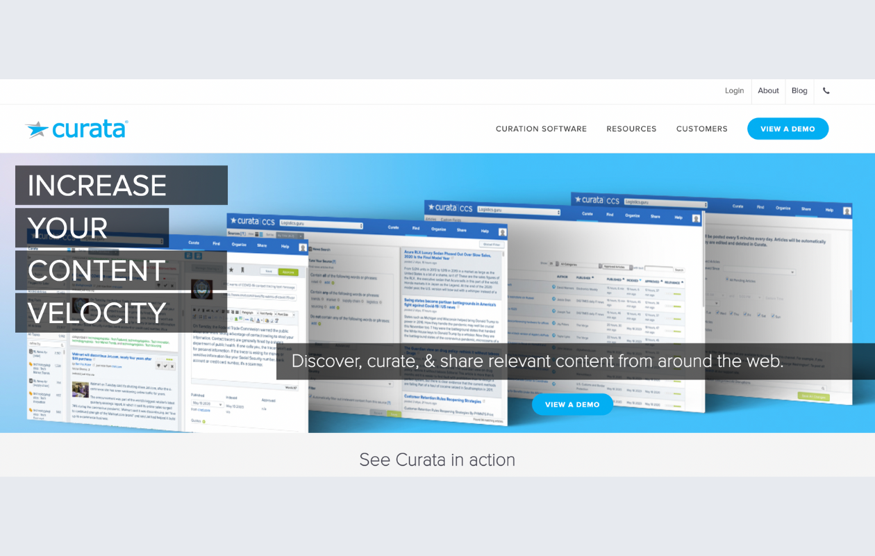 A screenshot from the main page of curata as a social media agency tool