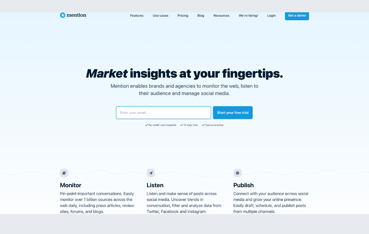 A screenshot from the main page of mention as a social media agency tool