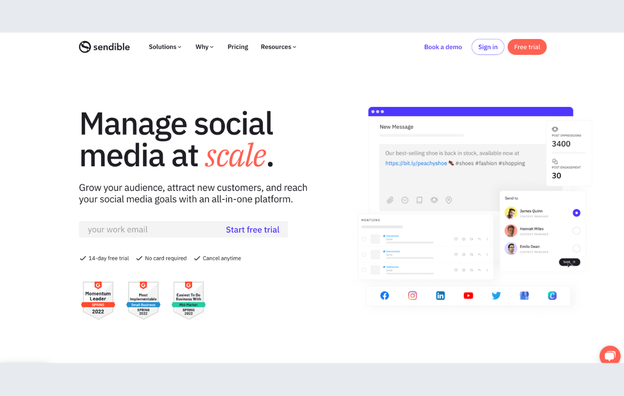 A screenshot from the main page of sendible as a social media agency tool