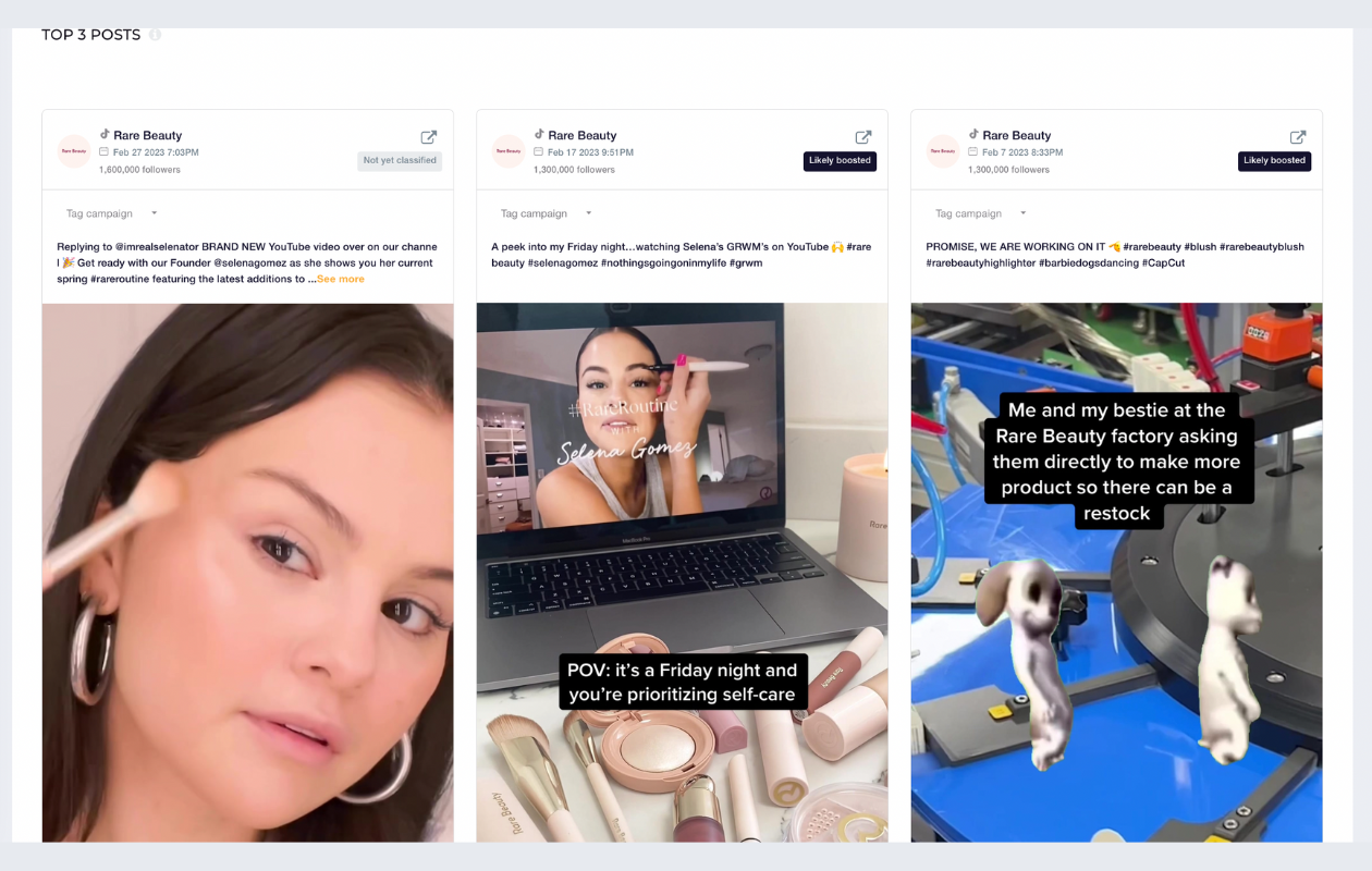 A screenshot of rare beauty top posts from socialinsider tool