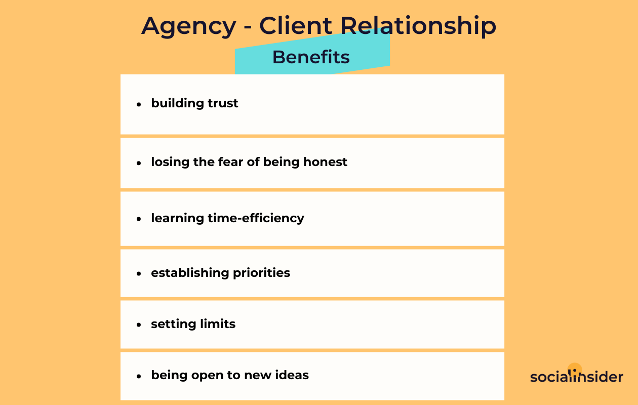 A chart with the benefits of a healthy agency-client relationship