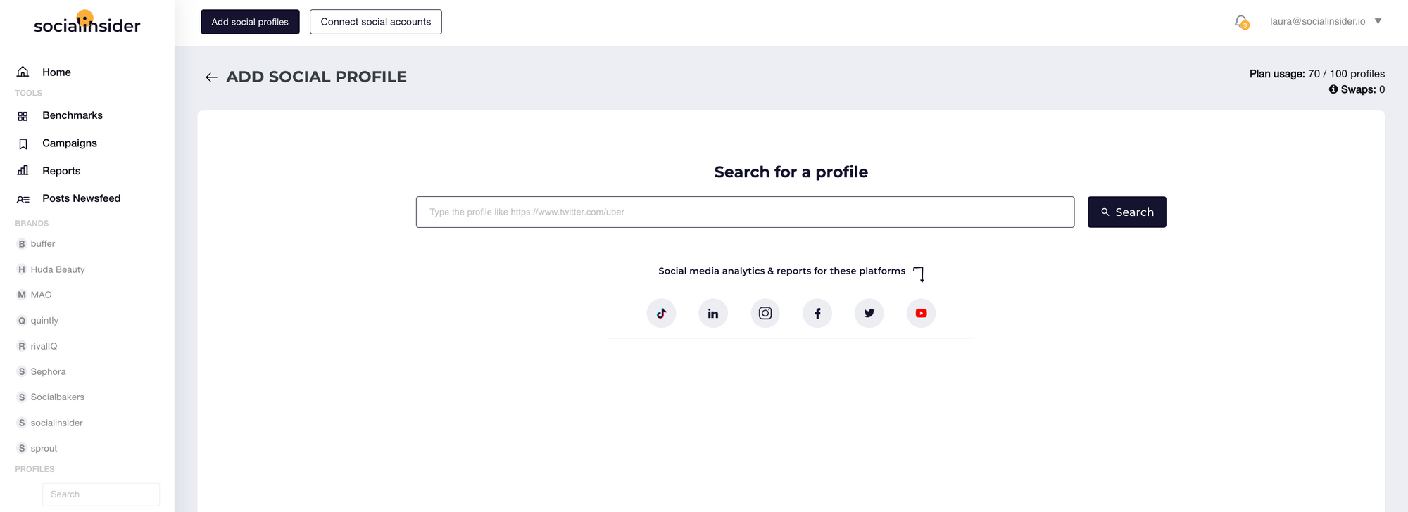 a screenshot from socialinsider with the add social profile frame