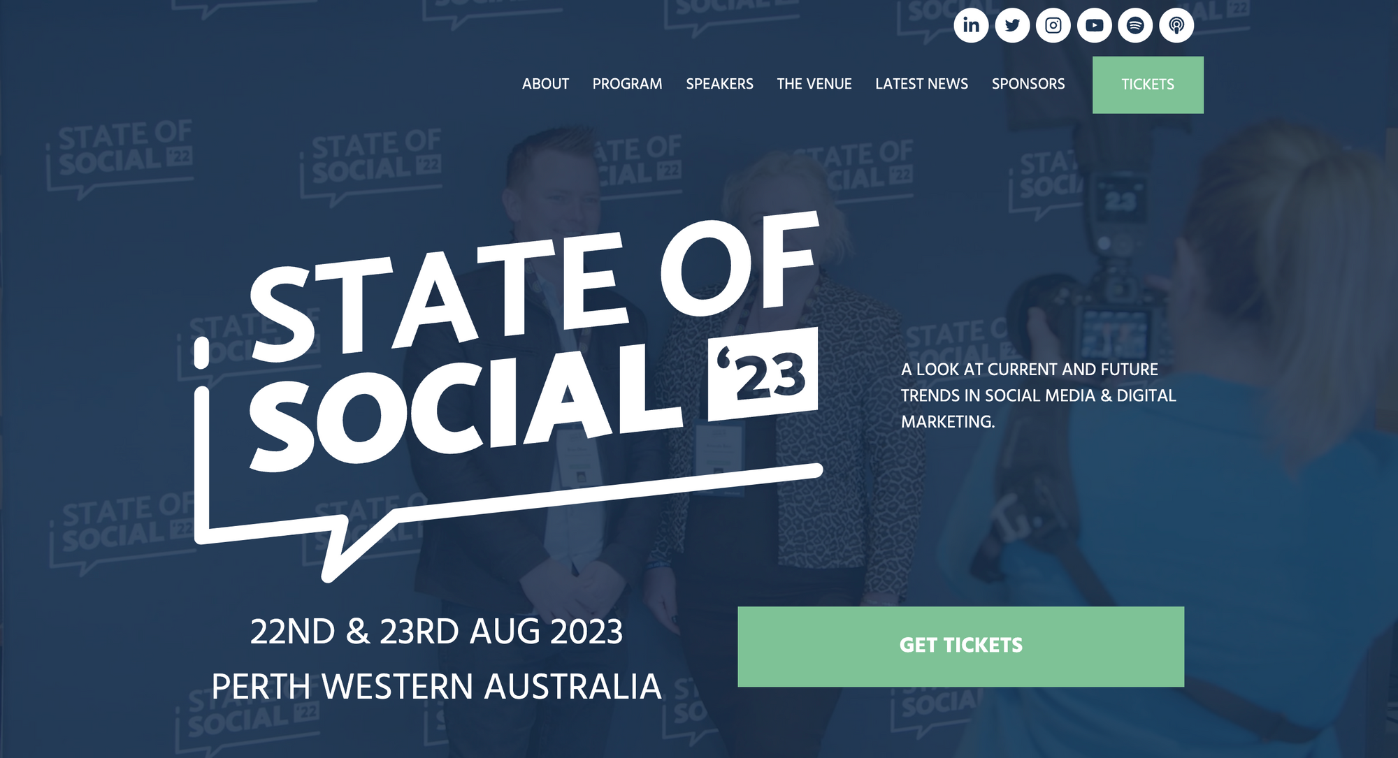 A screenshot of the main page of the state of social 2023 conference