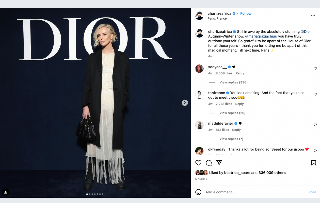 A screenshot with an instagram post of charlize theron for the dior campaign