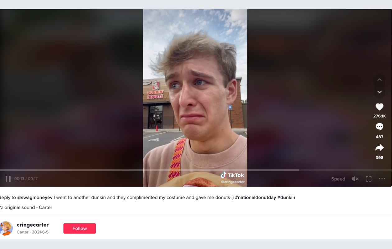 A screenshot from a tiktok video with an influencer for dunkin donut called cringecarter