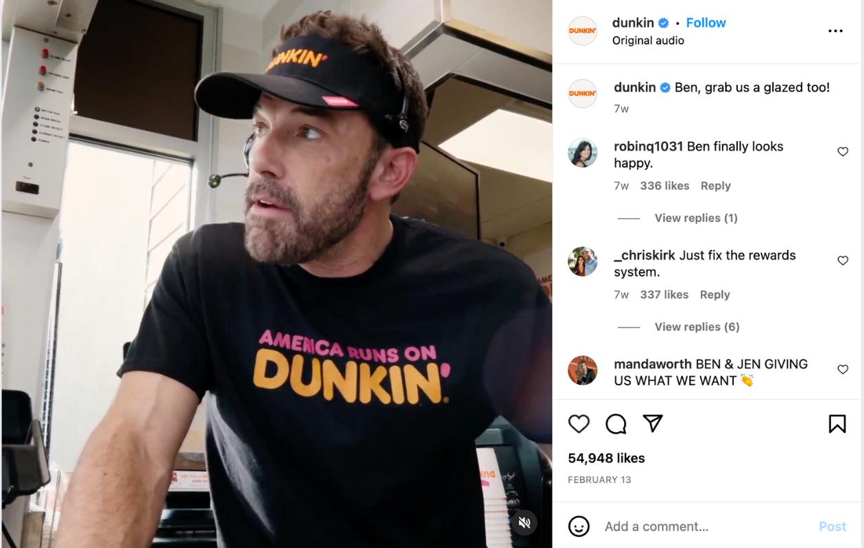 A screenshot from instagram dunkin' donut with ben affleck in a post for a brand influencer campaign