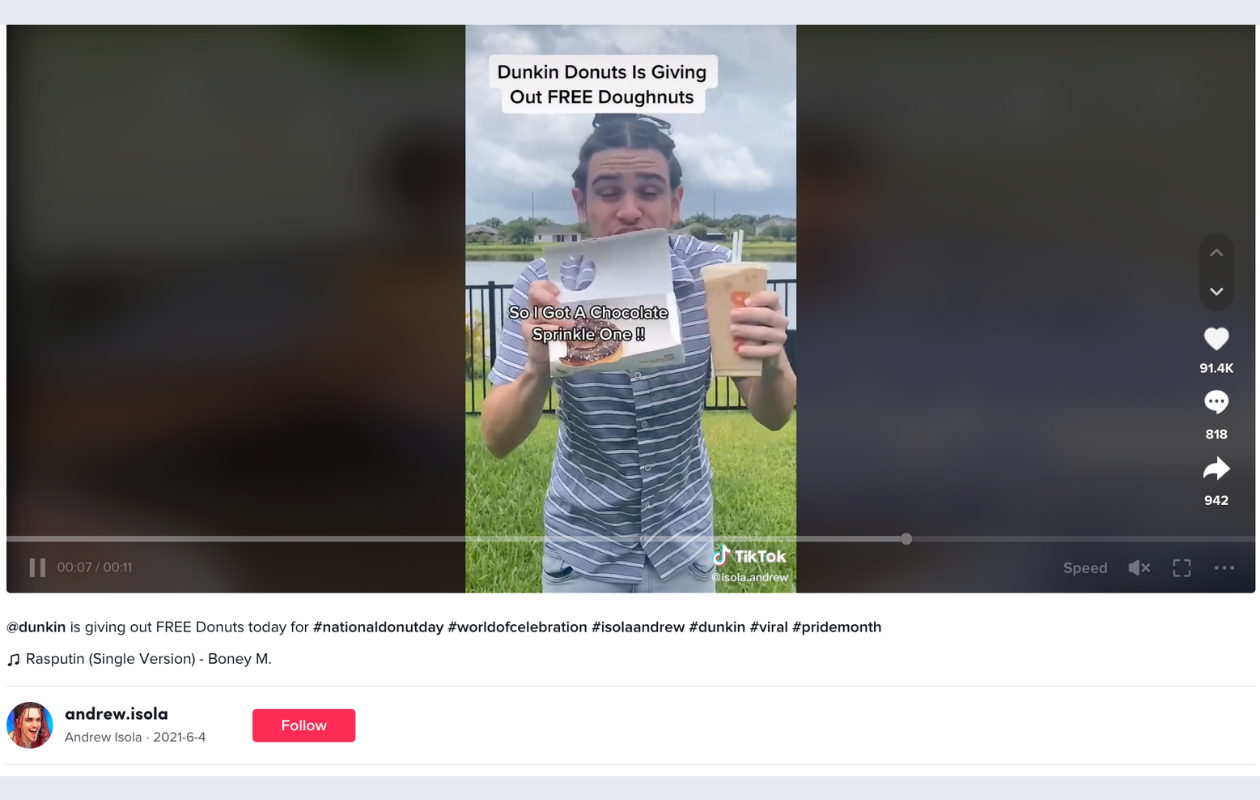 A screenshot from tiktok with an influencer for a dunkin donut campaign called andrew isola