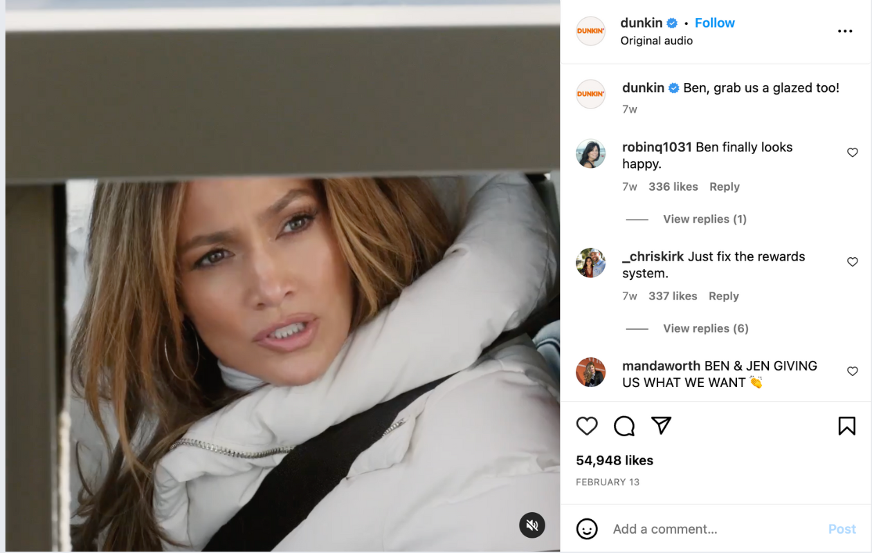 A screenshot from instagram dunkin' donut with jennifer lopez in a post for a brand influencer campaign