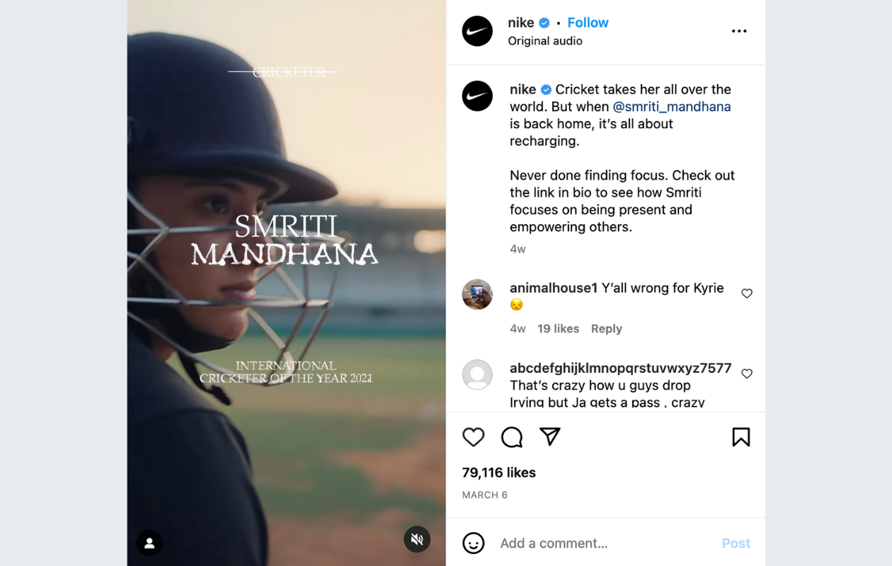 A screenshot from instagram with a post for a brand influencer campaign for nike showcasing smriti mandhana