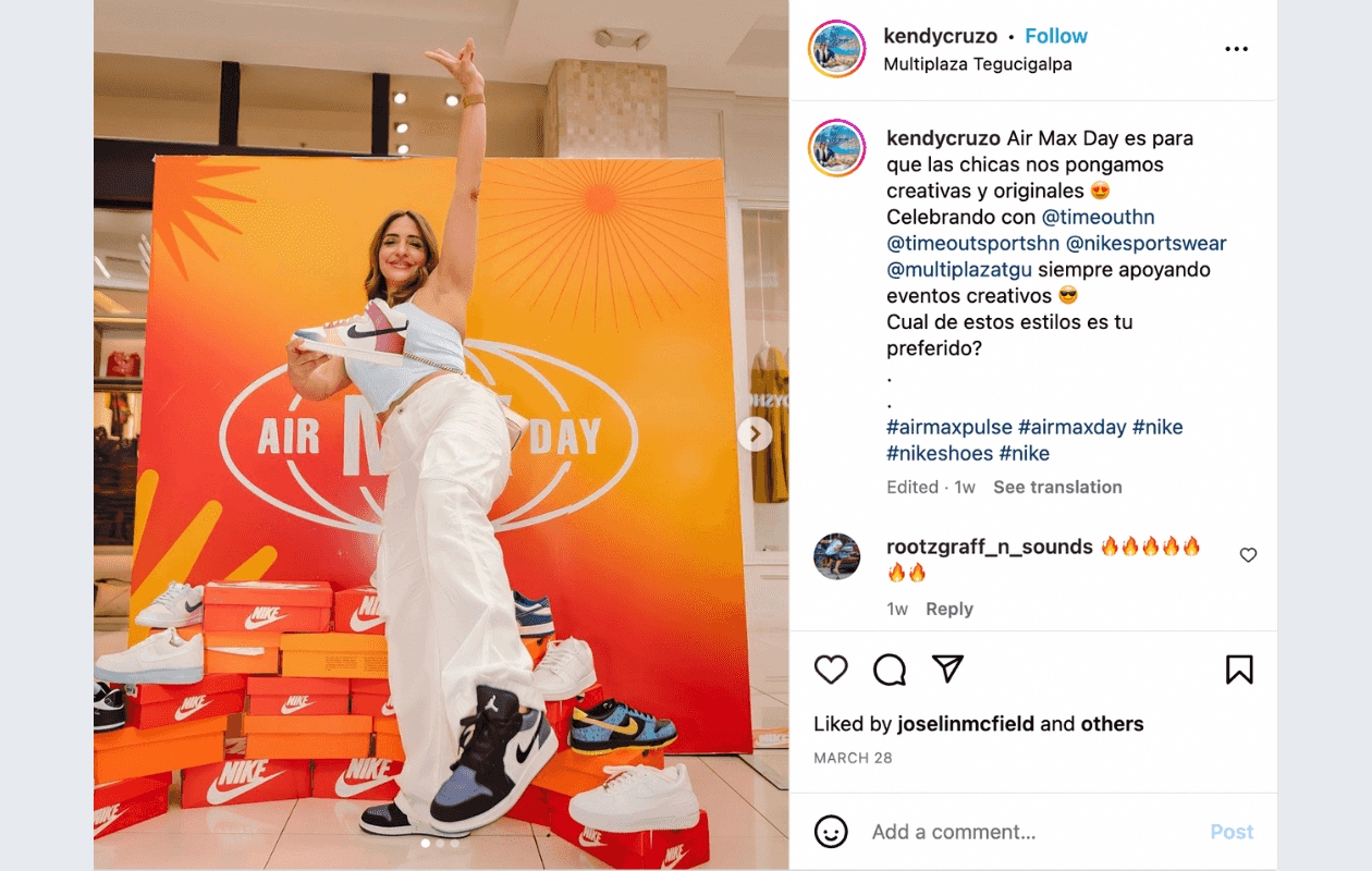 A screenshot from an instagram post for a brand influencer campaign for nike with kendy cruzo