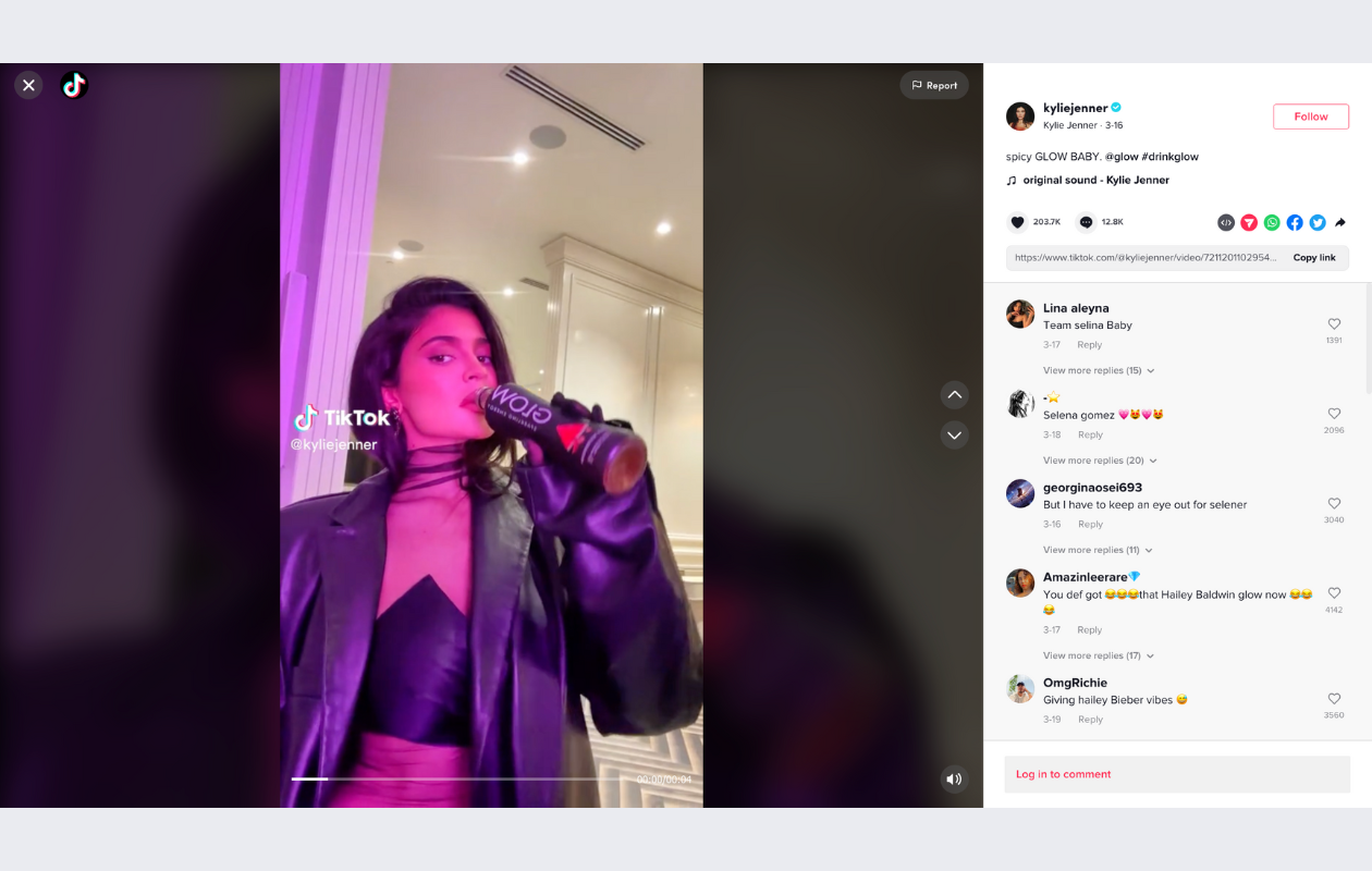 a screenshot from kylie jenner's tiktok with her drinking glow