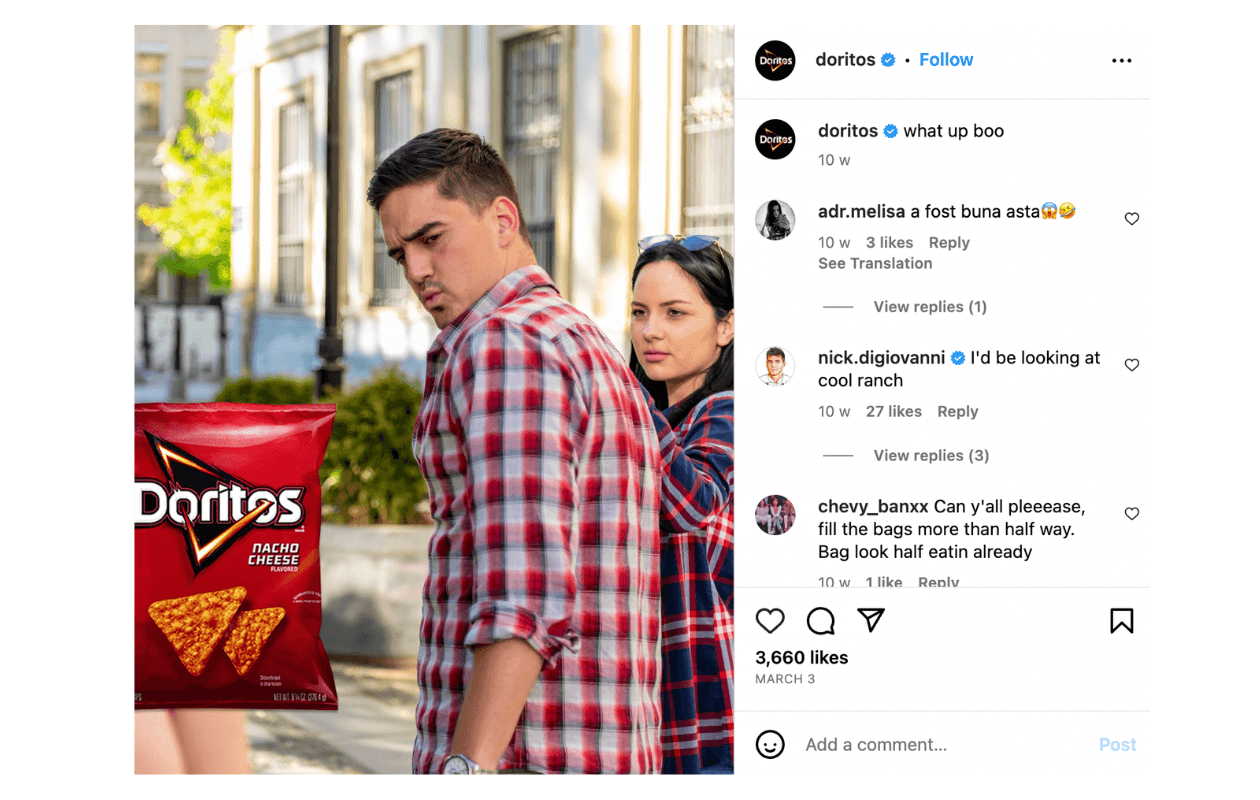 Here is an example of the type of memes that Doritos posts on Instagram.