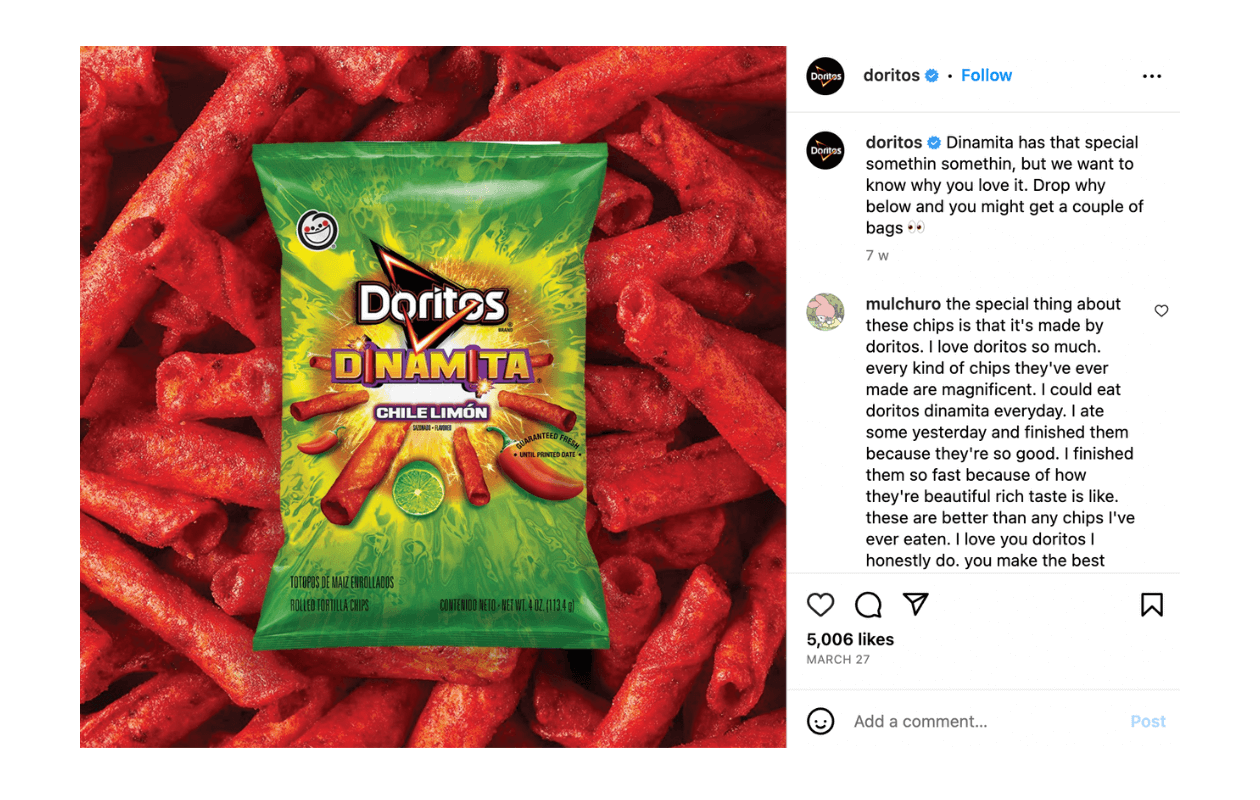 Here is an example of one of Doritos' Instagram posts covering product promotion.