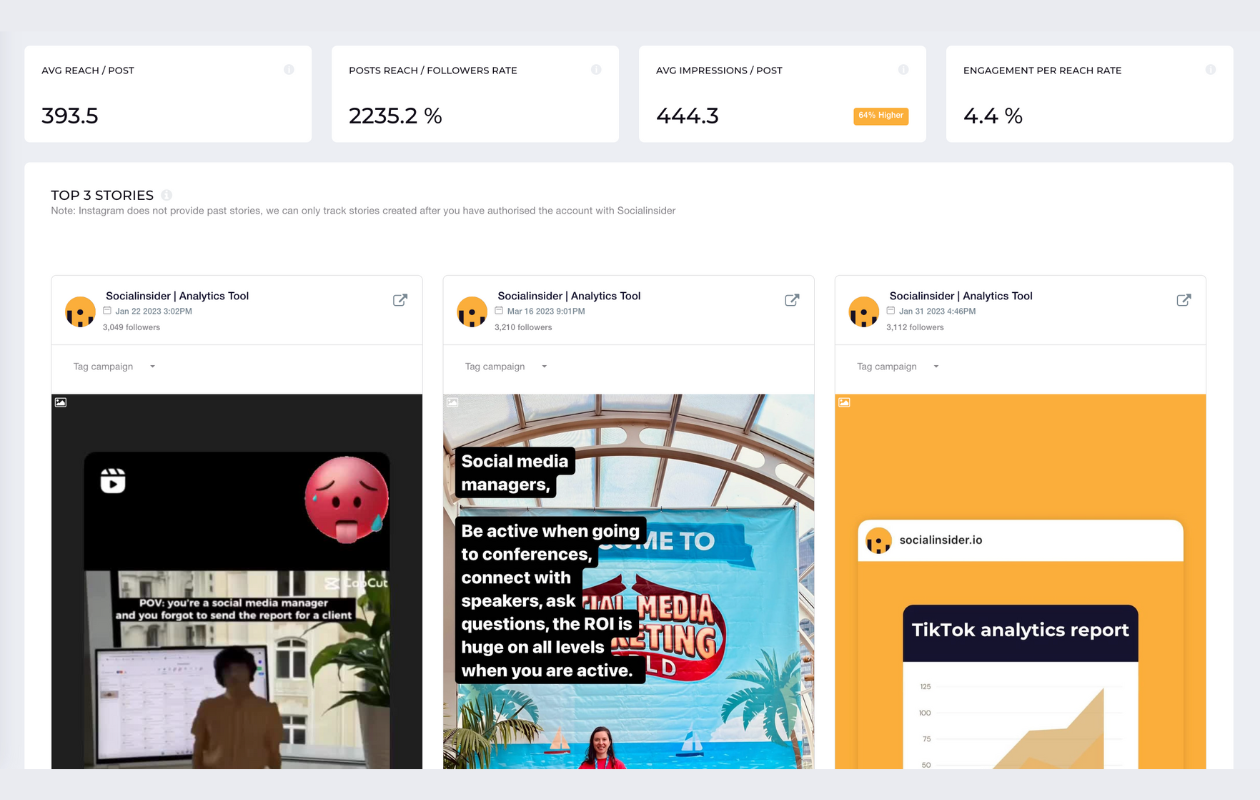 screenshot from socialinsider with instagram metrics like top 3 stories