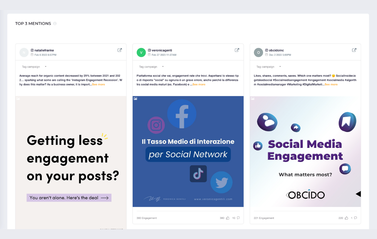 screenshot from socialinsider with instagram metrics showing top 3 mentions