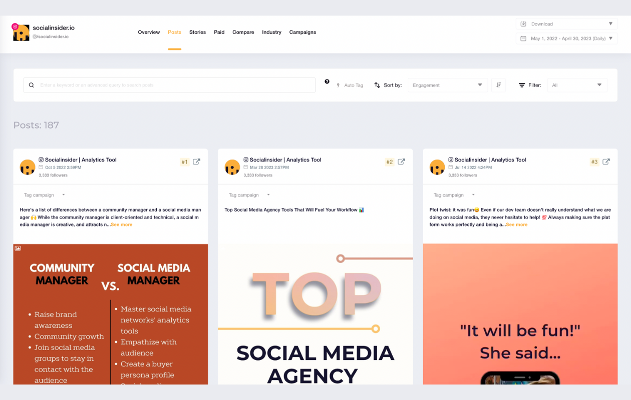 screenshot from socialinsider with instagram metrics indicating posts from socialinsider's instagram