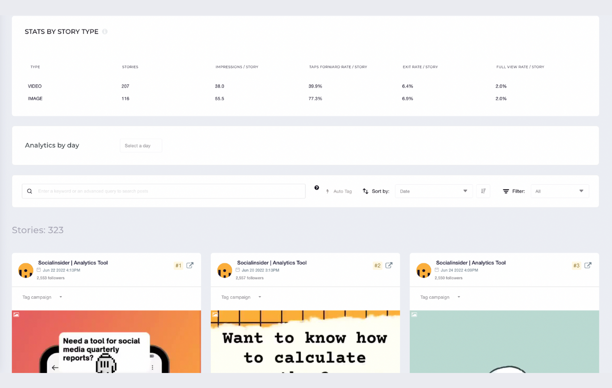 screenshot from socialinsider with instagram metrics showing stats by story type