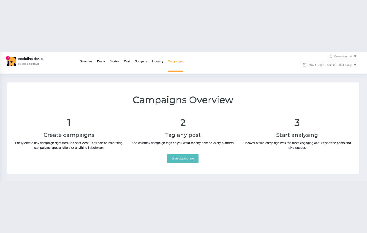 screenshot from socialinsider with instagram metrics showing the campaign sections