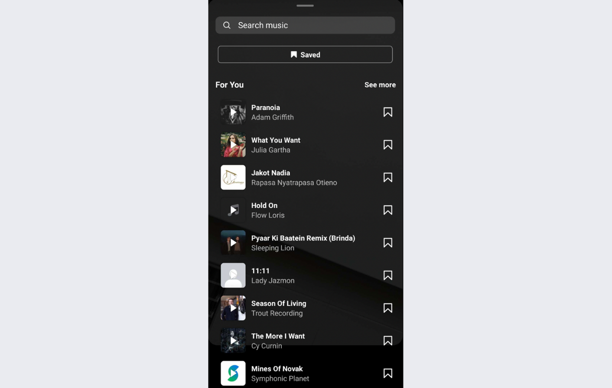 a screenshot from instagram with the search music option for instagram reels trends